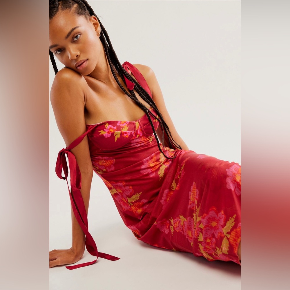 Free People Red Floral Tie-Shoulder Midi Dress